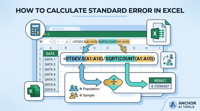 Excel spreadsheet showing how to calculate standard error with a formula
